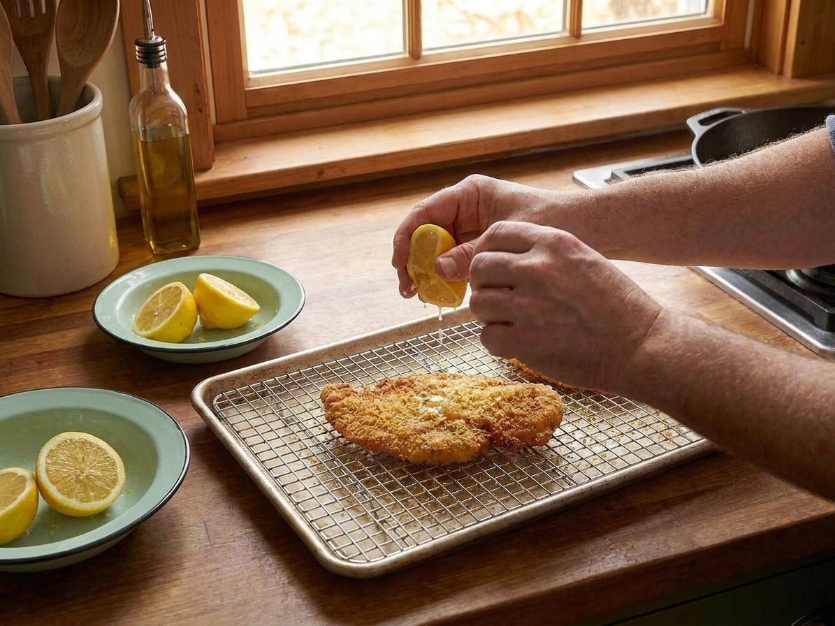 Hands squeezing a lemon wedge over a crispy Parmesan chicken cutlet resting on a wire rack on a kitchen counter