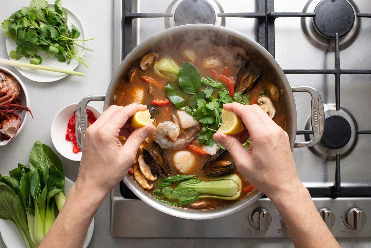 Hands squeezing a lemon wedge over a pot of seafood soup on the stovetop, with steam rising and herbs visible