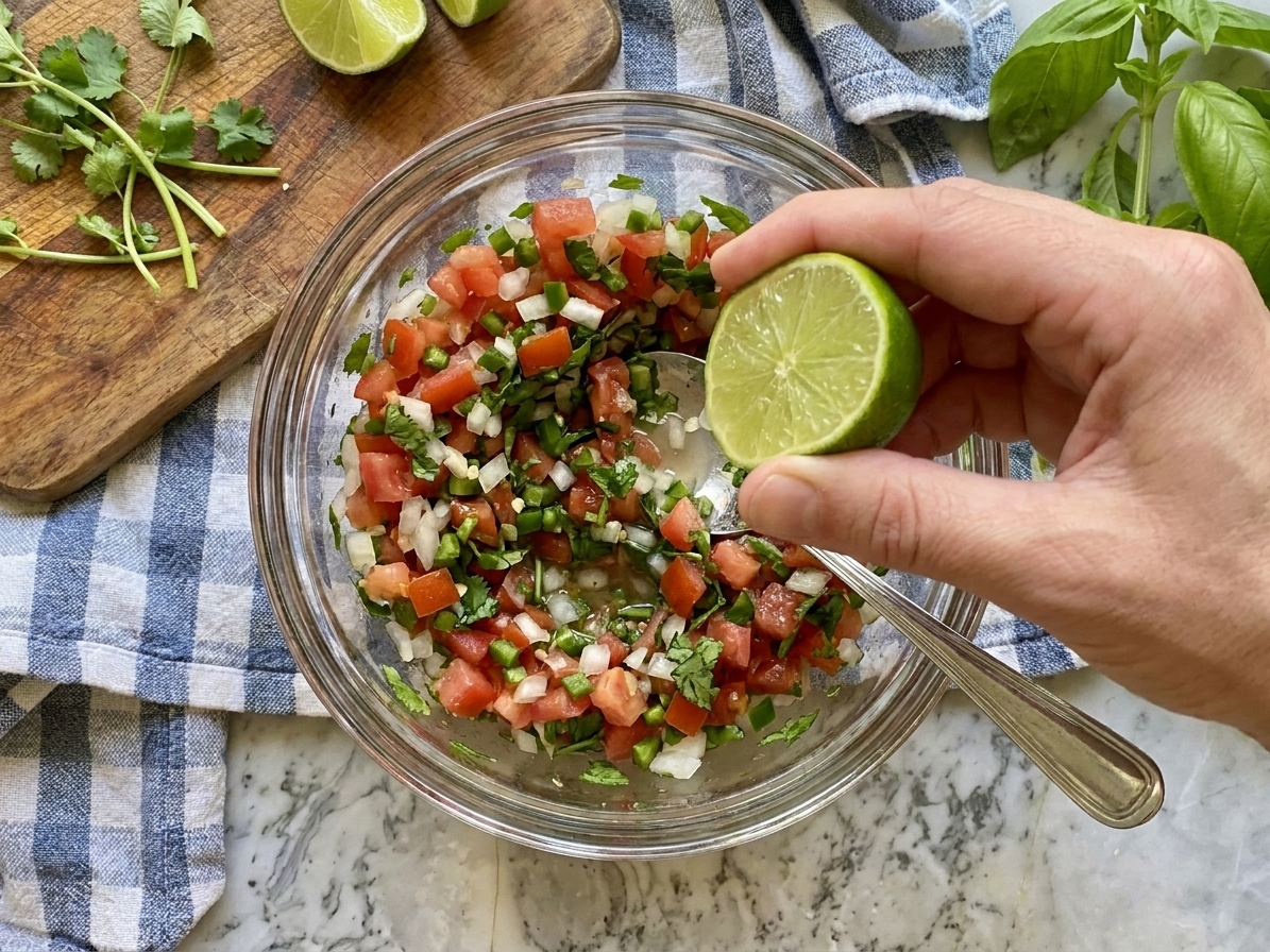 Hands squeezing a lime over a bowl of pico de gallo on a kitchen counter, with a spoon resting inside the bowl