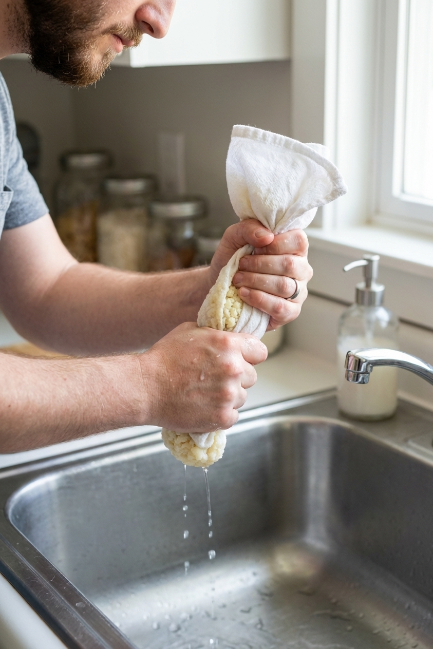 Hands squeezing cooked riced cauliflower inside a white kitchen towel over a stainless steel sink, water dripping out, close-up photorealistic food prep photo