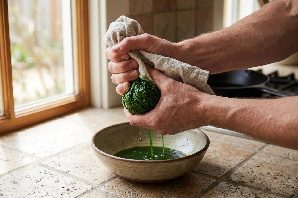 Hands squeezing cooked spinach in a clean kitchen towel over a bowl to remove excess water on a light stone countertop