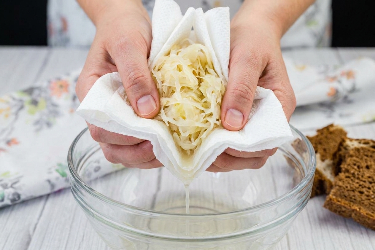 Hands squeezing drained sauerkraut tightly in paper towels over a bowl to remove excess moisture on a kitchen counter