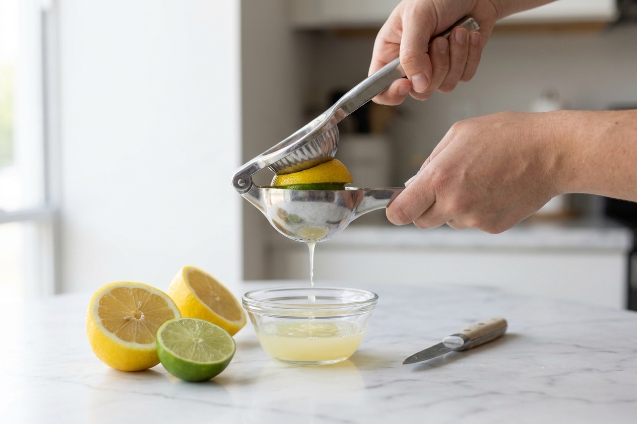 Hands squeezing fresh lemon and lime halves with a handheld citrus press over a small bowl on a kitchen counter