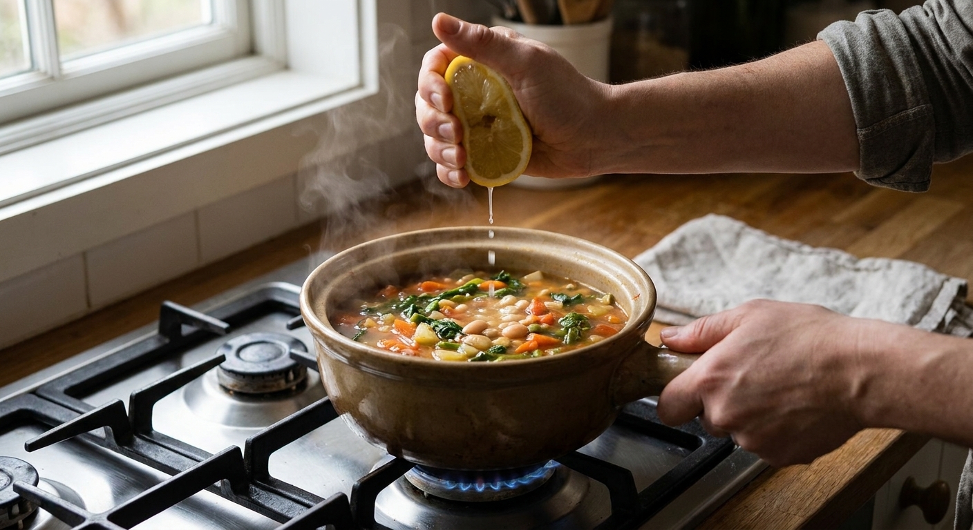 Hands squeezing fresh lemon juice into a pot of simmering vegetable soup on a stovetop