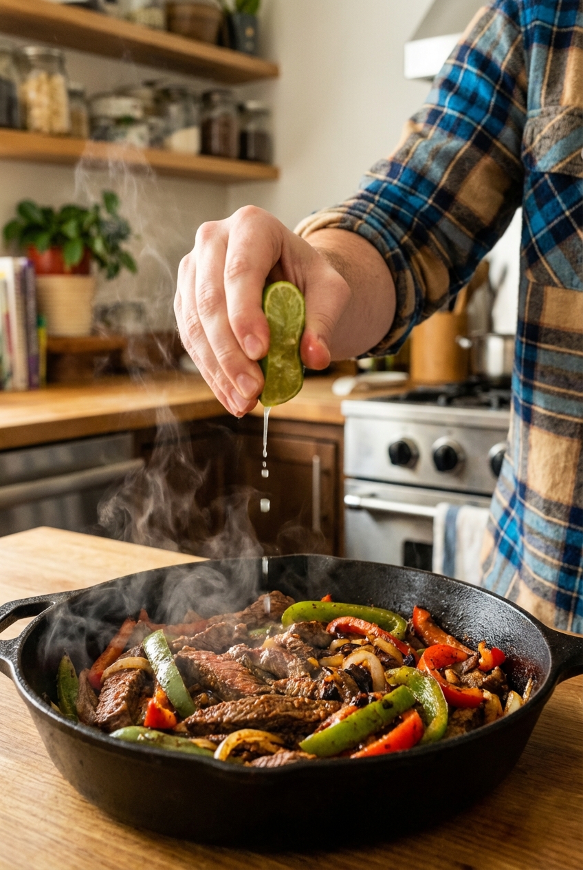 Hands squeezing fresh lime over a skillet of fajita steak and peppers