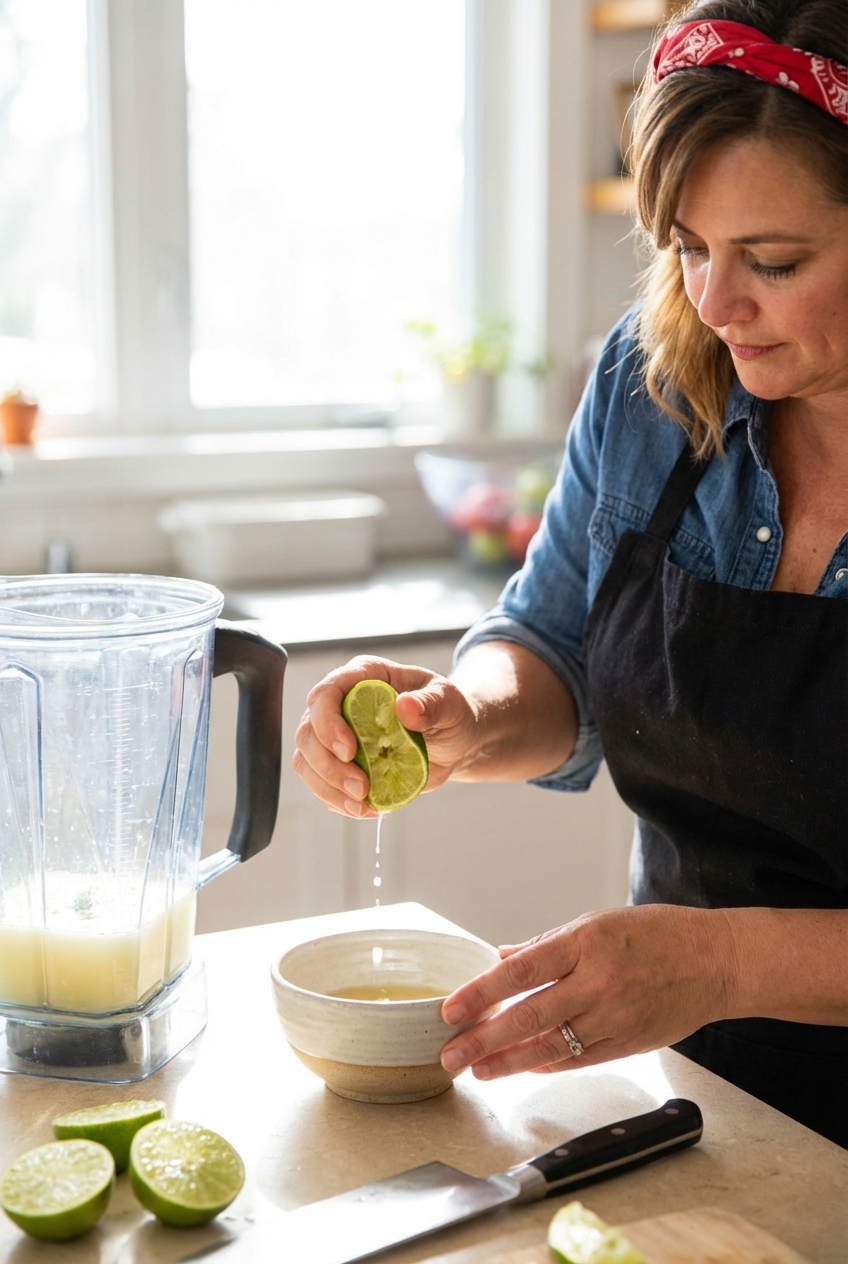 Hands squeezing fresh limes over a small bowl beside a blender on a bright kitchen counter
