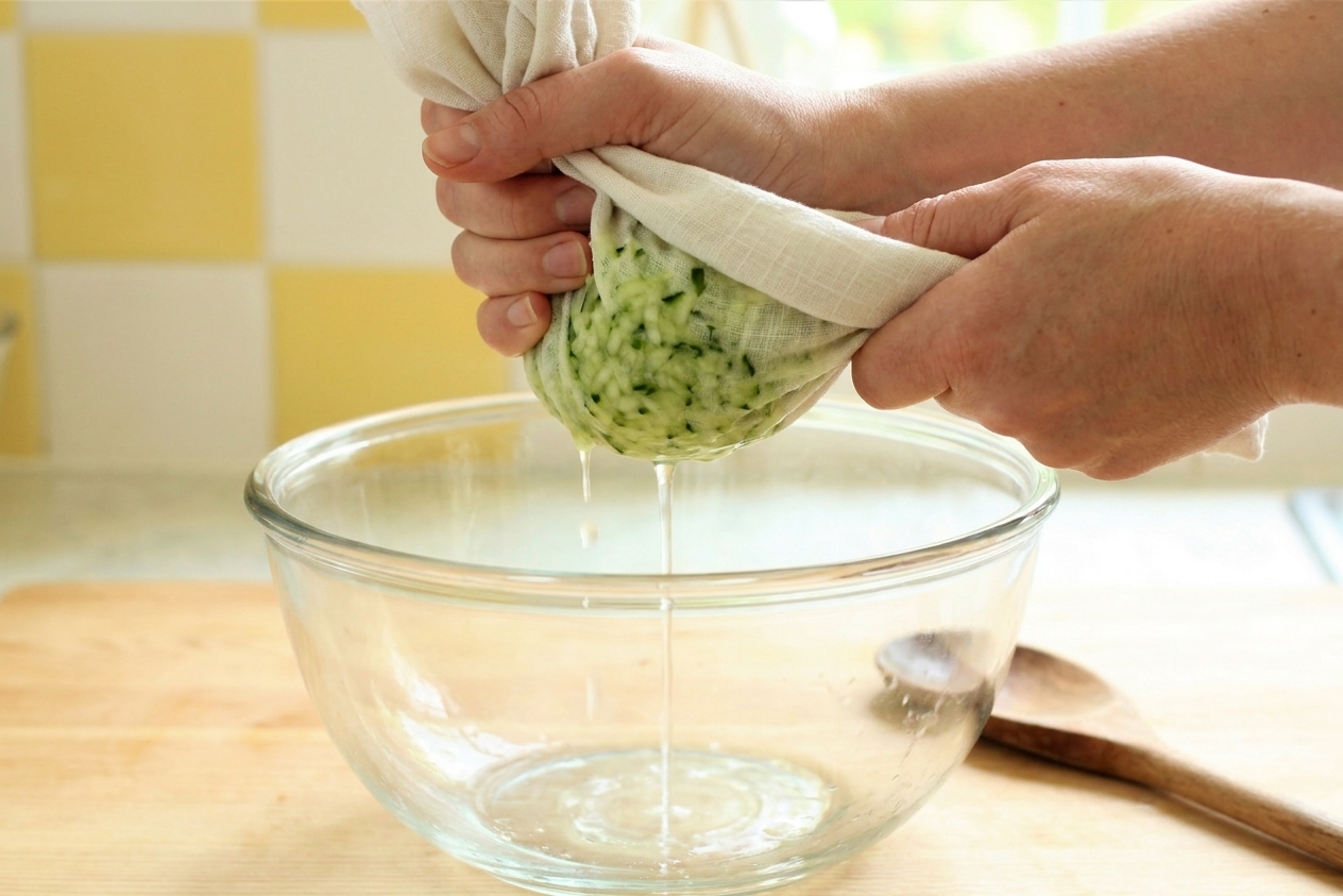 Hands squeezing grated cucumber in a clean kitchen towel over a bowl, removing excess moisture for thick tzatziki