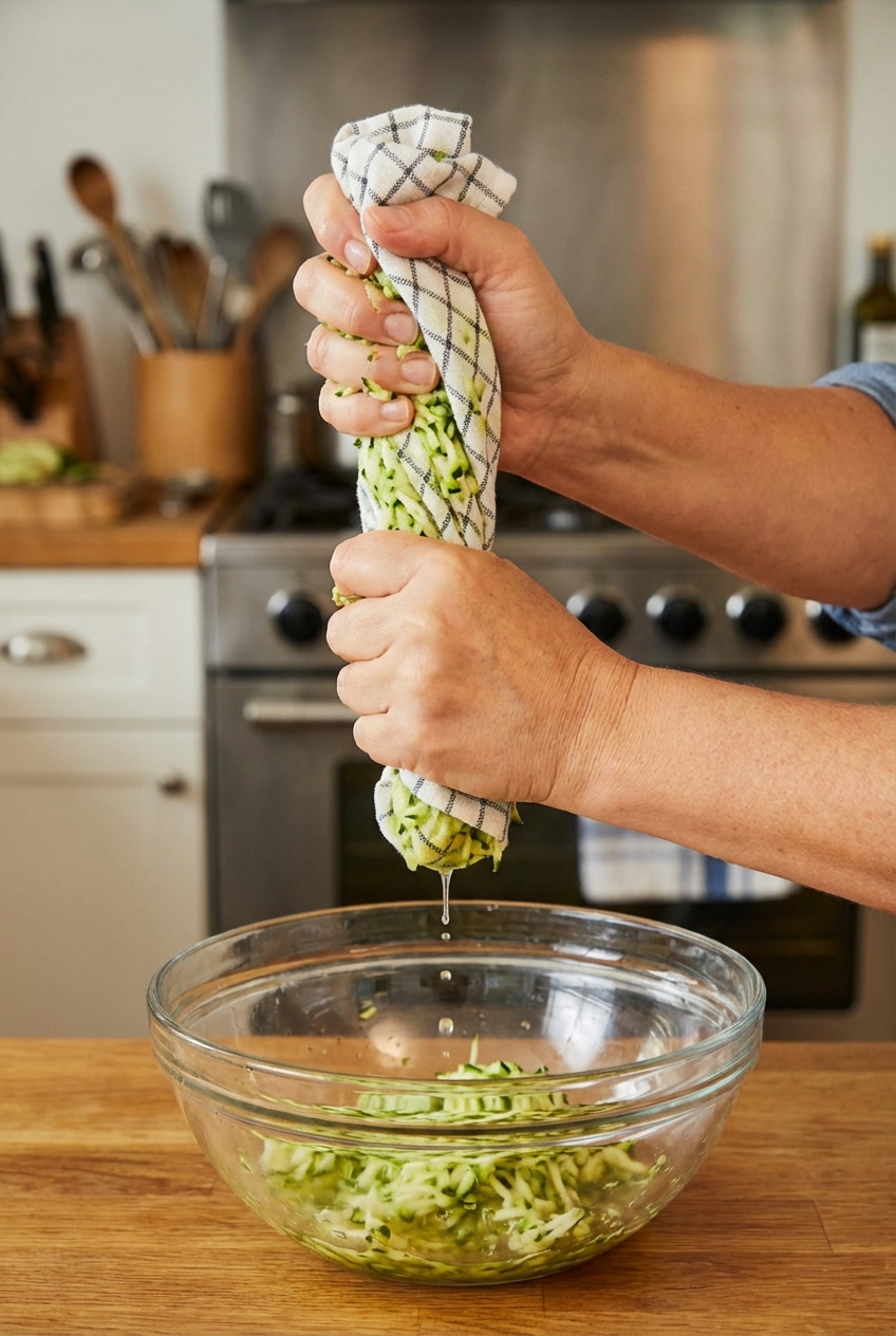 Hands squeezing grated zucchini in a clean kitchen towel over a bowl