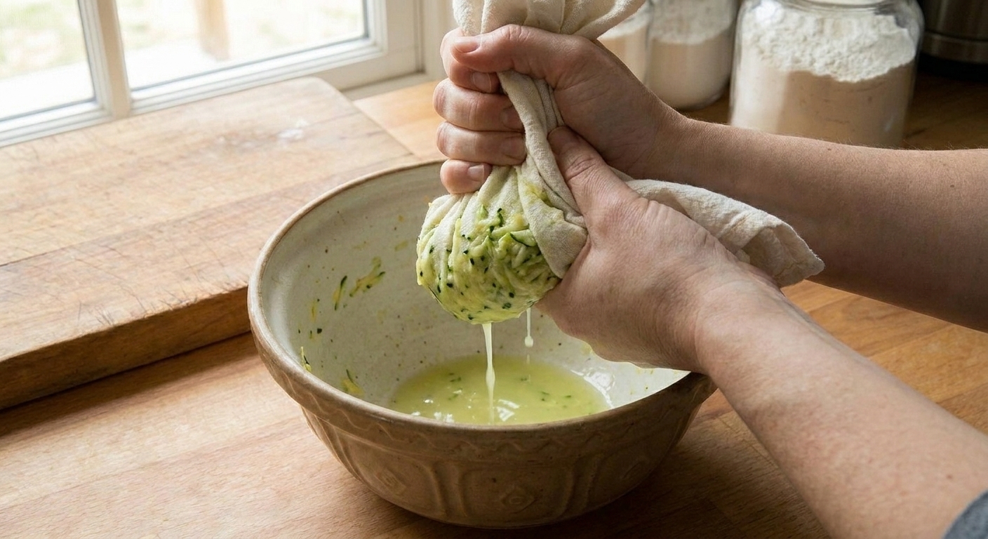 Hands squeezing grated zucchini inside a clean kitchen towel over a bowl, with pale green liquid dripping out