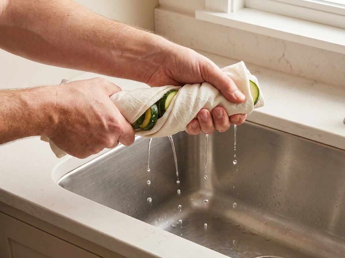Hands squeezing salted zucchini slices inside a clean kitchen towel over a sink to remove excess moisture