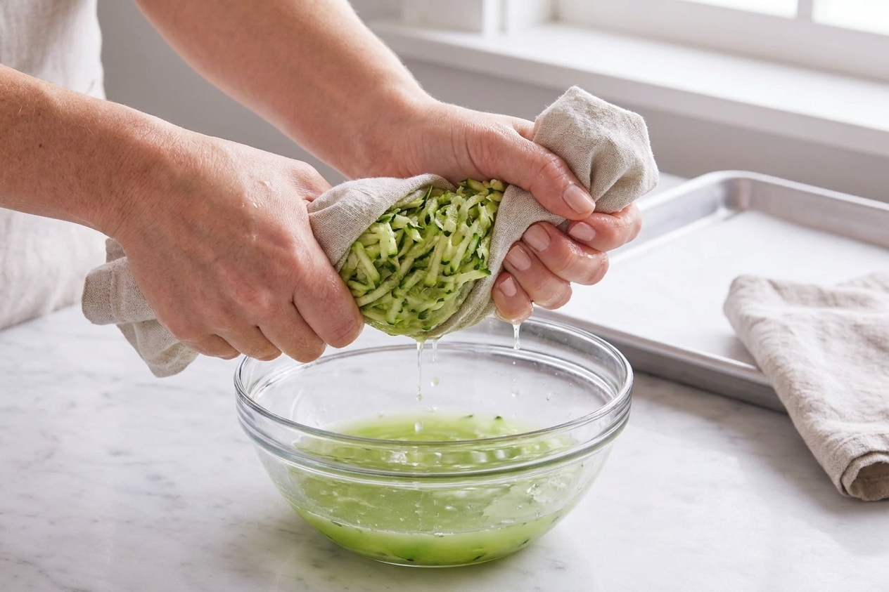 Hands squeezing shredded zucchini in a clean kitchen towel over a bowl to remove excess moisture