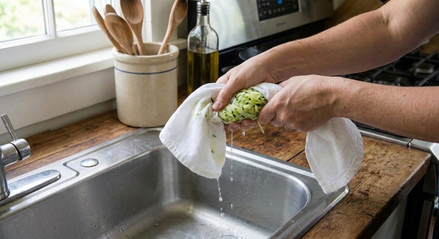 Hands squeezing shredded zucchini over a sink using a clean kitchen towel, catching excess moisture