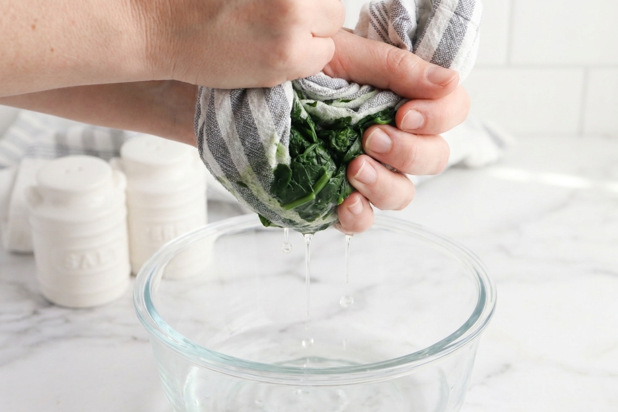 Hands squeezing thawed chopped spinach in a clean kitchen towel over a bowl to remove excess water
