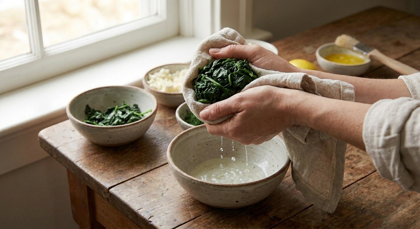 Hands squeezing thawed chopped spinach inside a clean kitchen towel over a bowl to remove excess moisture