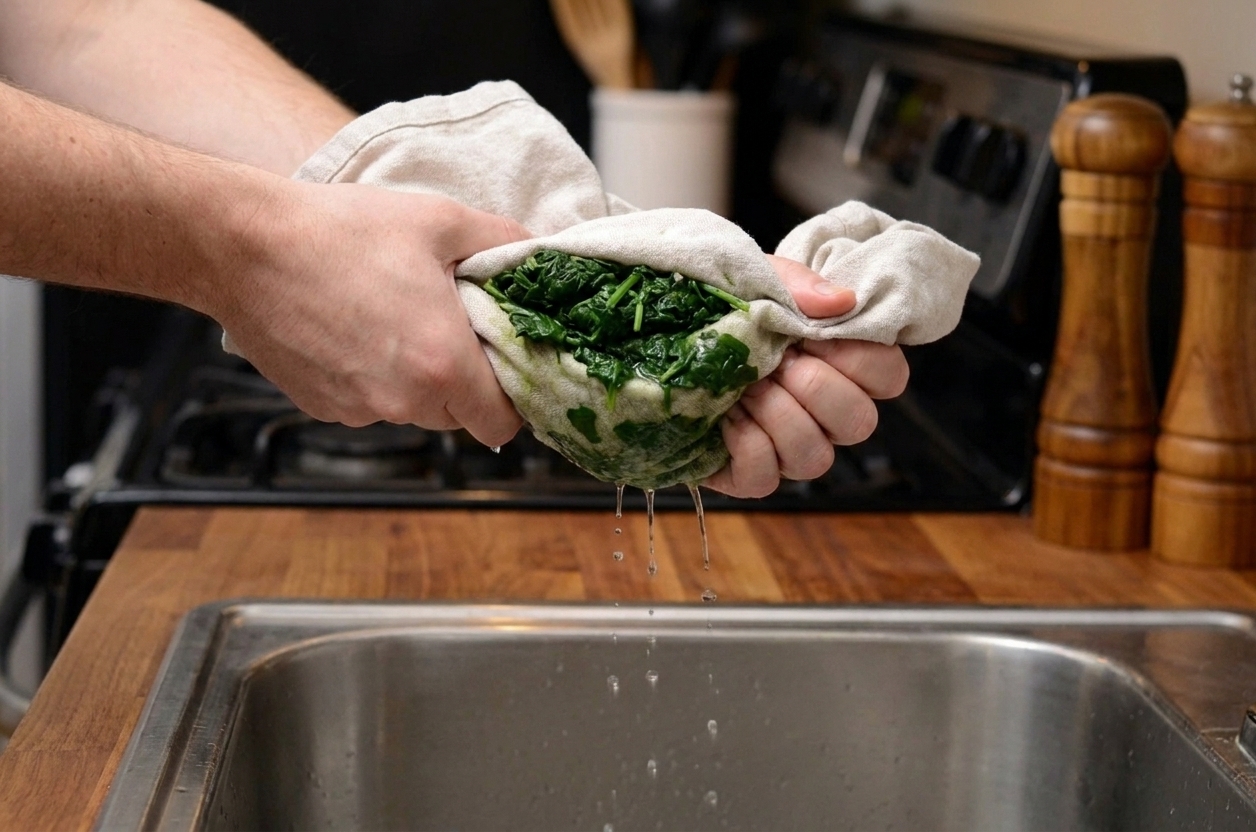 Hands squeezing thawed chopped spinach inside a clean kitchen towel over a sink to remove excess water