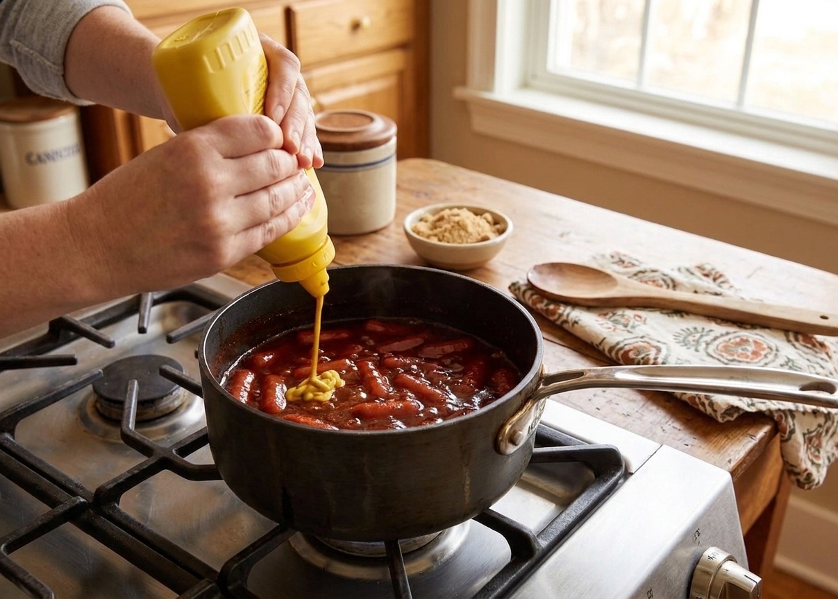 Hands squeezing yellow mustard into a saucepan of barbecue sauce on a stovetop