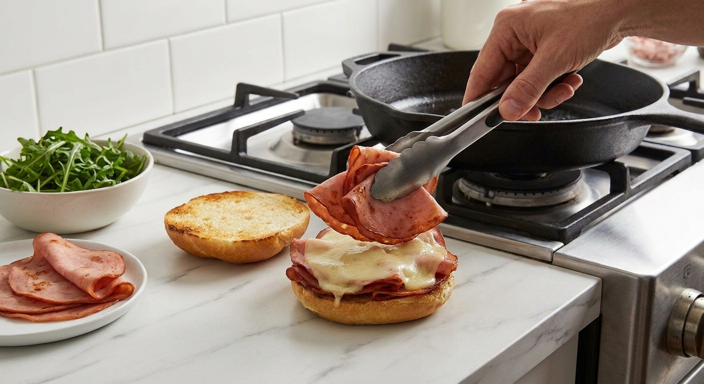 Hands stacking crispy mortadella and melted provolone onto a toasted roll on a kitchen counter