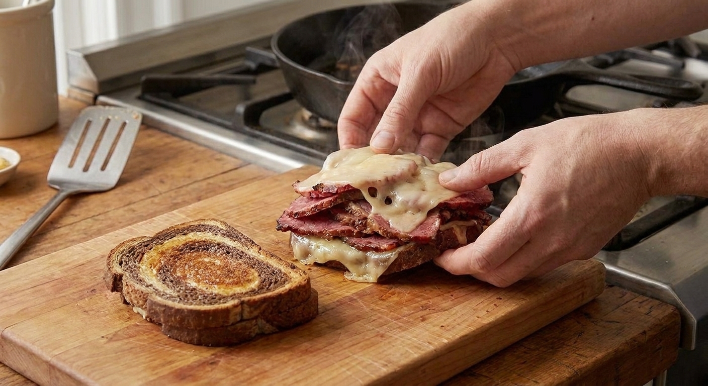 Hands stacking warm pastrami and Swiss on toasted rye over a wooden cutting board in a home kitchen