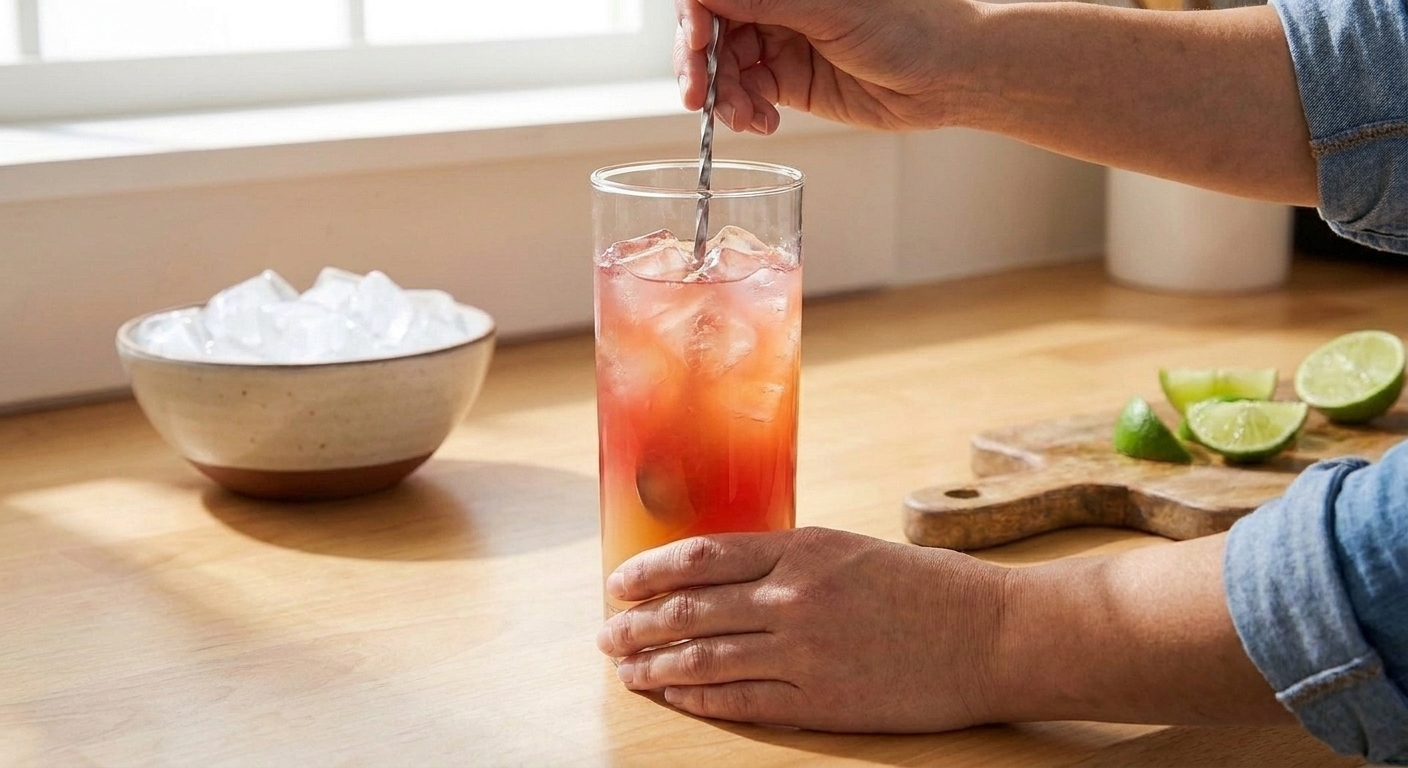 Hands stirring a Malibu Bay Breeze in a tall glass with a spoon, ice clinking, on a bright kitchen counter