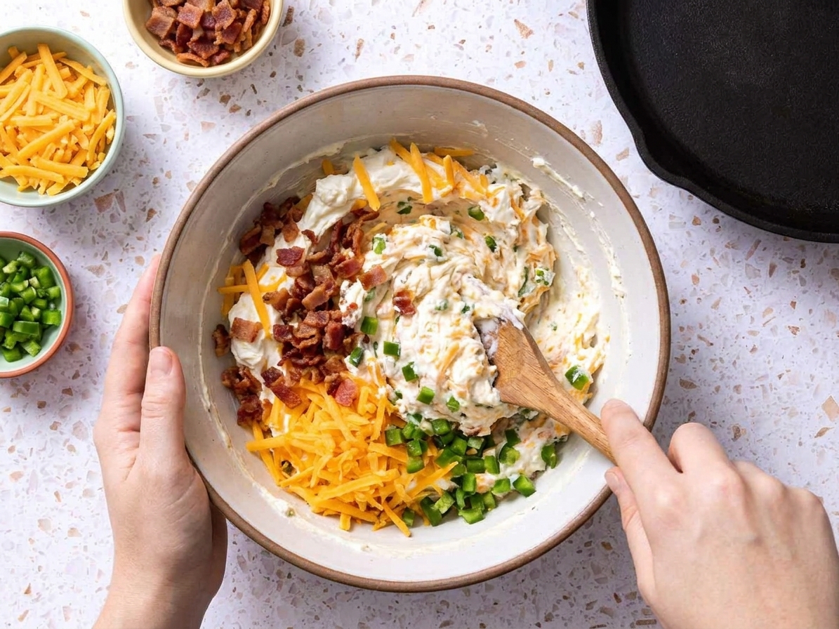 Hands stirring a bowl of cream cheese, cheddar, chopped bacon, and diced jalapeños for jalapeño popper dip on a bright kitchen counter