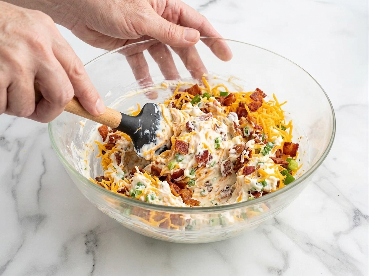 Hands stirring a creamy bacon cheddar ranch dip in a glass mixing bowl with a rubber spatula on a kitchen counter