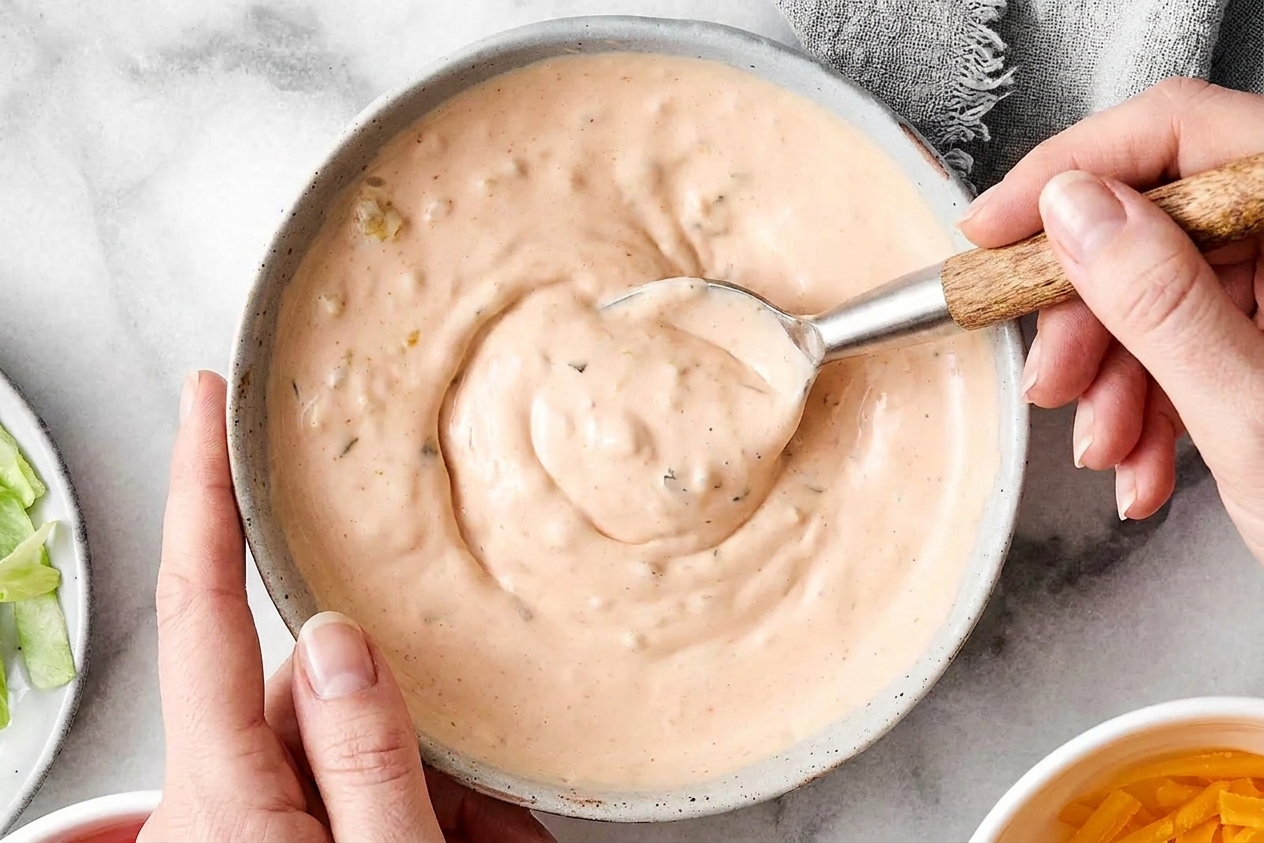 Hands stirring a creamy pink burger sauce in a small bowl with a spoon on a kitchen counter