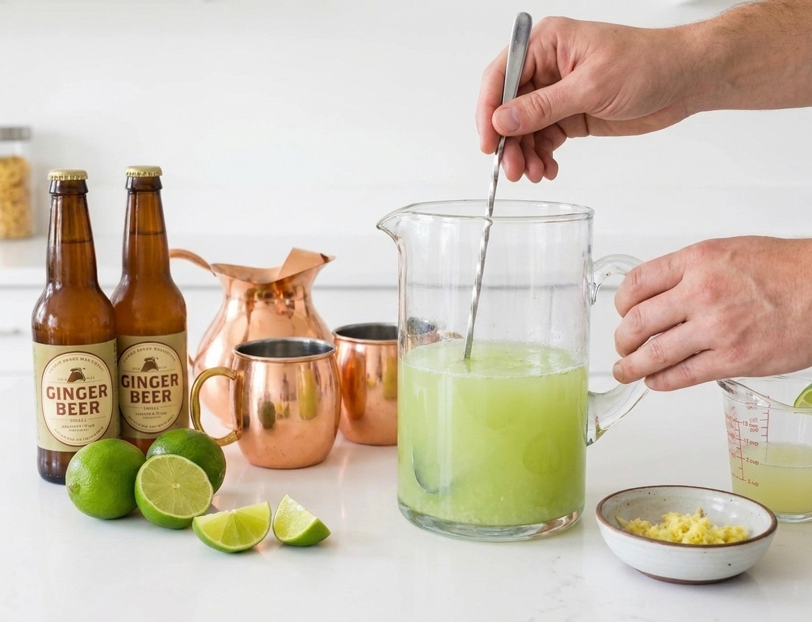 Hands stirring a glass pitcher of mule base with a long spoon on a kitchen counter, limes and ginger beer nearby