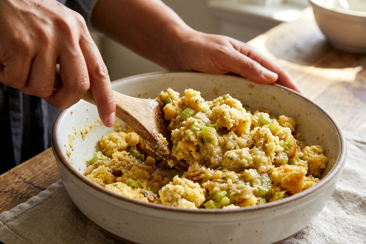 Hands stirring a large bowl of cornbread dressing mixture with a wooden spoon, showing a moist spoonable texture