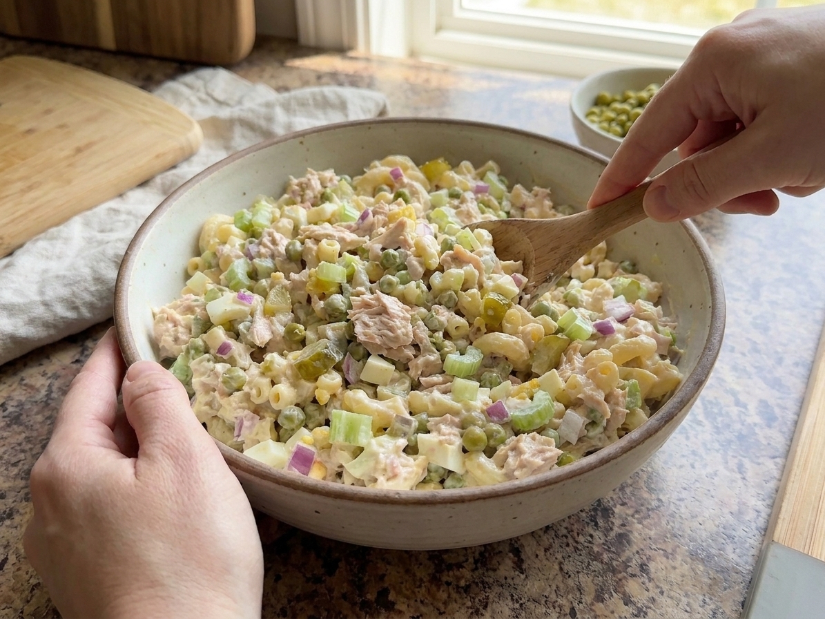 Hands stirring a large bowl of tuna macaroni salad with a spoon on a bright kitchen counter, creamy dressing coating the pasta