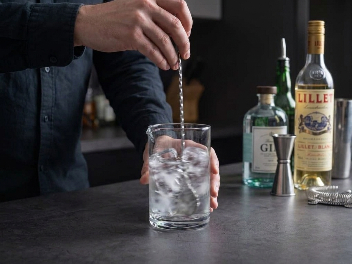 Hands stirring a mixing glass with a long spoon, ice swirling