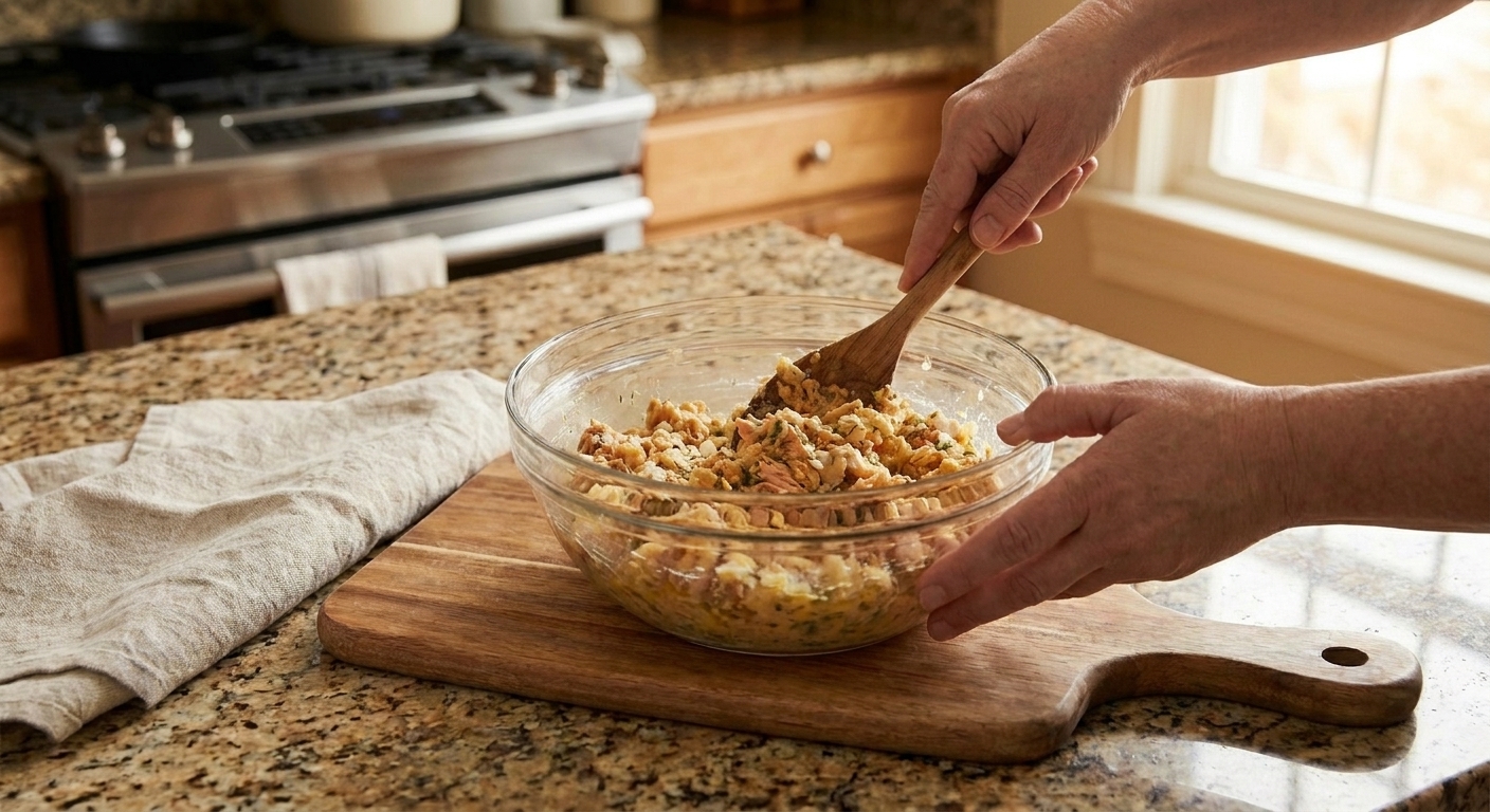 Hands stirring a salmon loaf mixture in a glass bowl with a wooden spoon on a kitchen counter