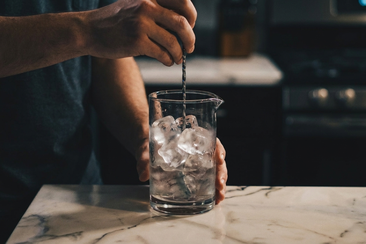 Hands stirring a vodka martini in a mixing glass packed with ice using a long bar spoon on a home kitchen counter