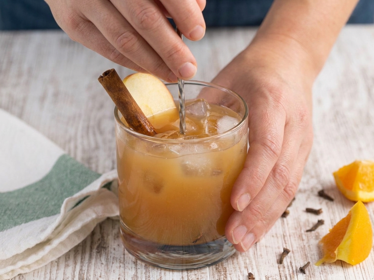 Hands stirring an apple pie moonshine cocktail in a rocks glass filled with ice on a kitchen counter