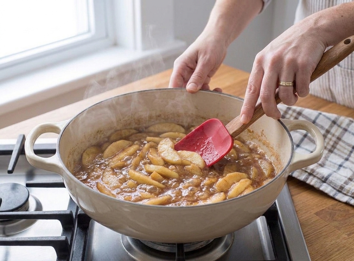 Hands stirring apple pie filling in a wide skillet on a stovetop as the sauce bubbles gently, home kitchen scene