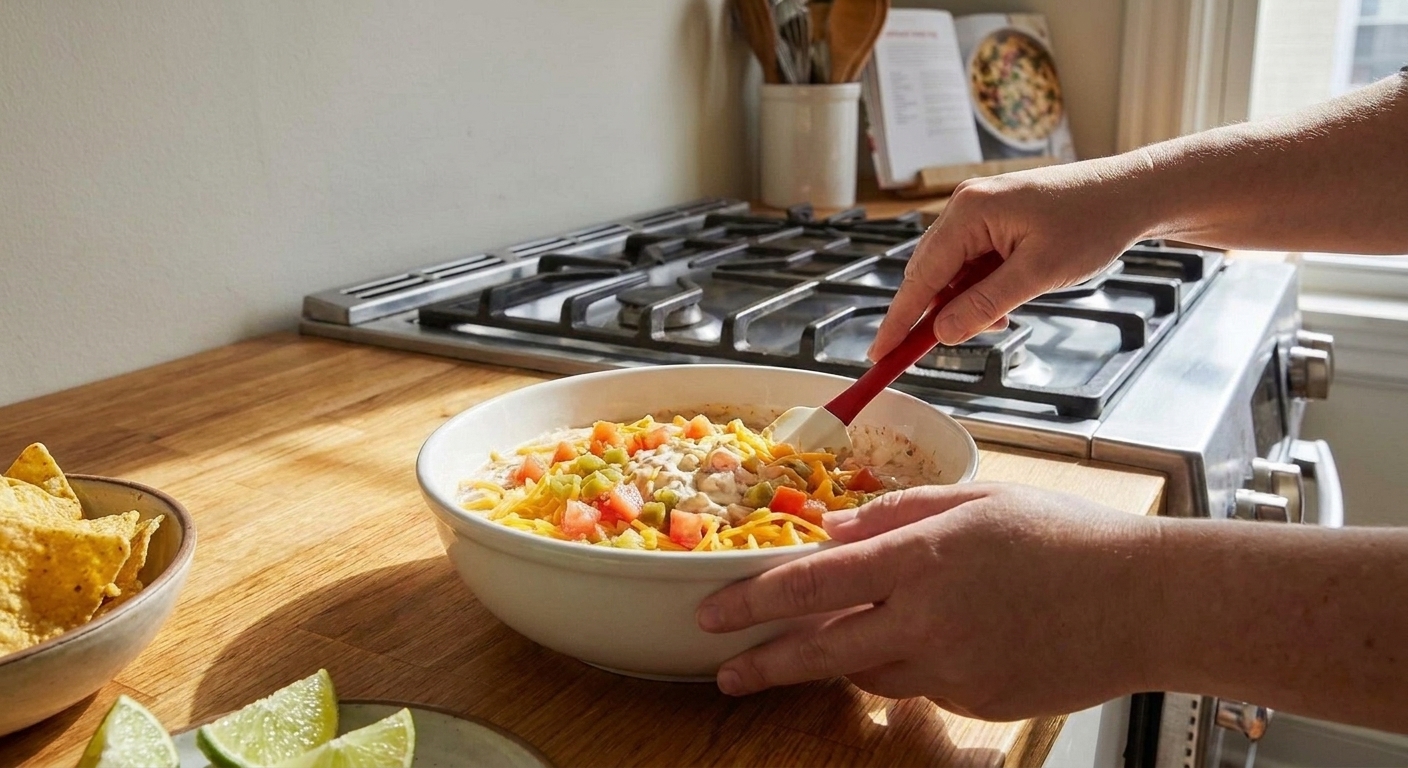 Hands stirring boat dip in a white mixing bowl with a rubber spatula on a bright kitchen counter