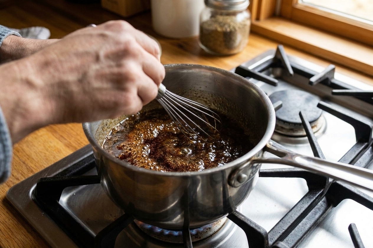 Hands stirring brown sugar syrup in a small saucepan with a whisk as it gently simmers on a stovetop