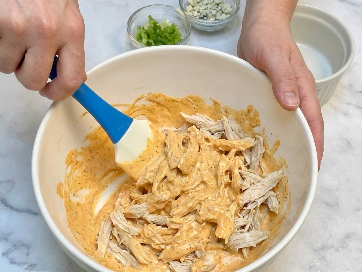 Hands stirring buffalo chicken dip mixture in a bowl with a sturdy spoon on a kitchen counter, showing creamy orange sauce coating the shredded chicken