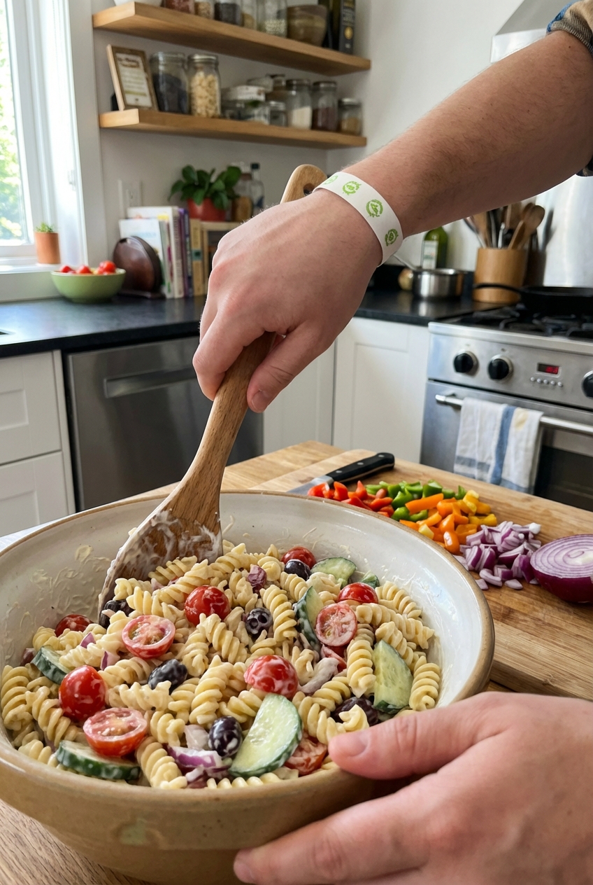 Hands stirring creamy pasta salad in a large bowl with a wooden spoon, with chopped vegetables on a cutting board nearby
