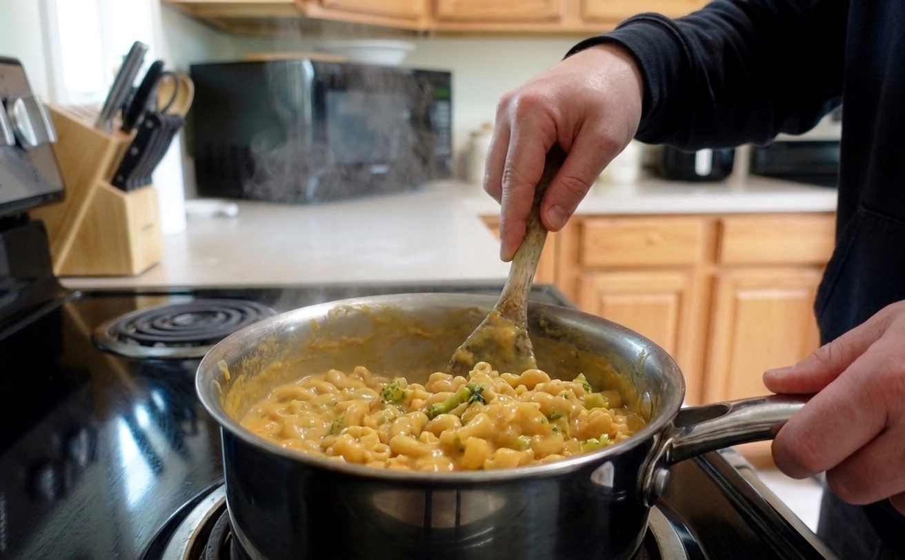 Hands stirring creamy vegan mac and cheese in a large pot with a wooden spoon on the stove