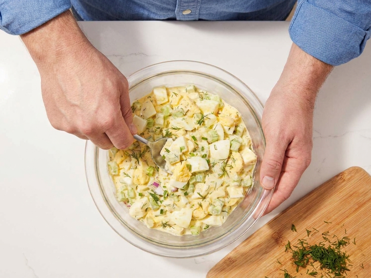 Hands stirring egg salad in a mixing bowl with a spoon, showing creamy dressing coating chopped eggs and celery on a bright kitchen counter