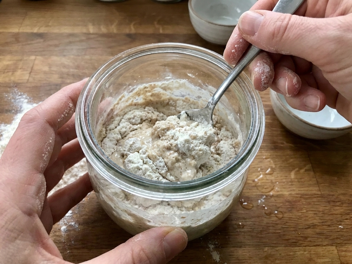 Hands stirring flour and water together in a glass jar with a spoon on a clean kitchen counter