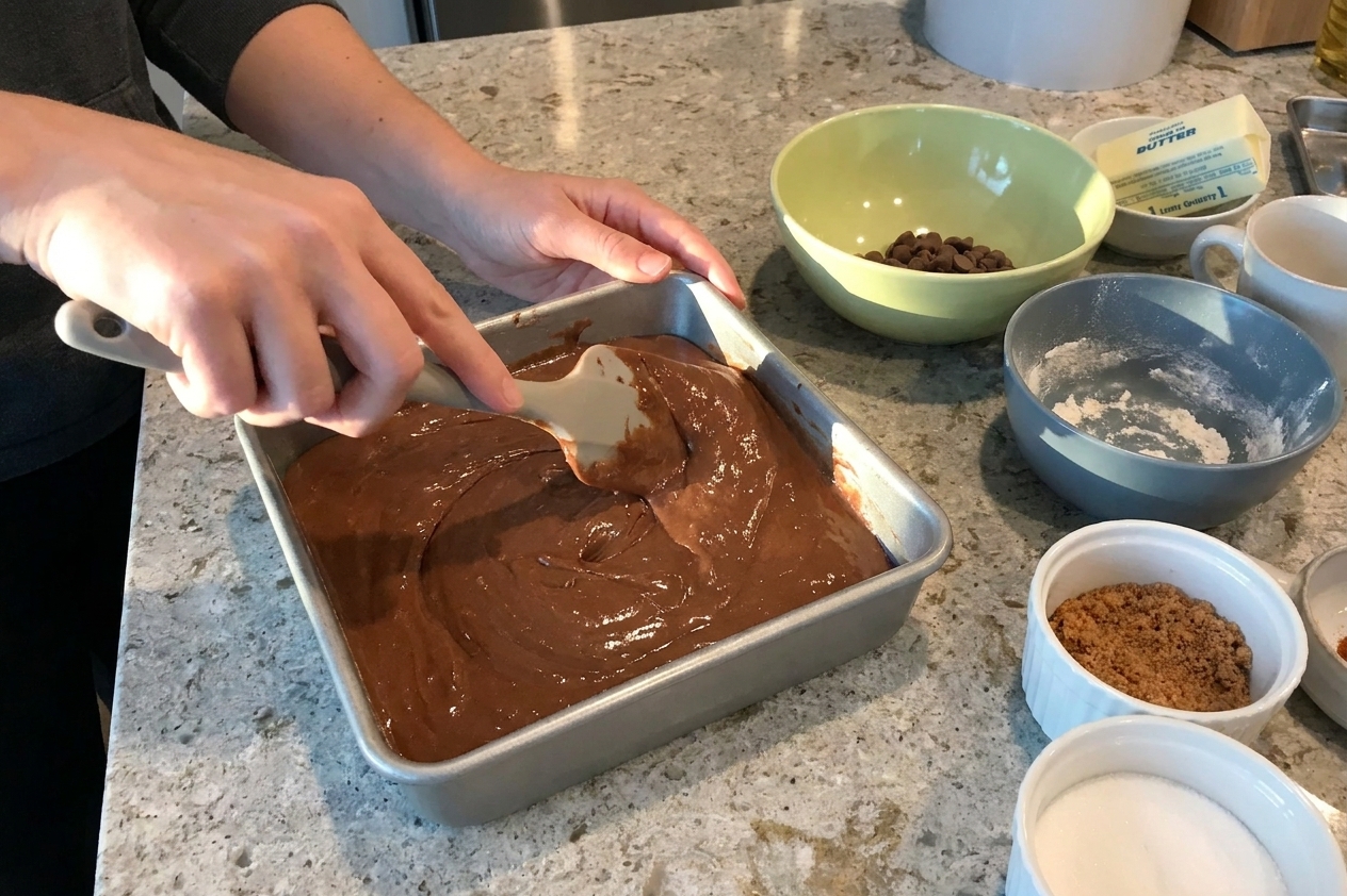 Hands stirring glossy chocolate cake batter directly inside a square baking pan with a silicone spatula on a kitchen counter, ingredients pushed to the side, warm natural light