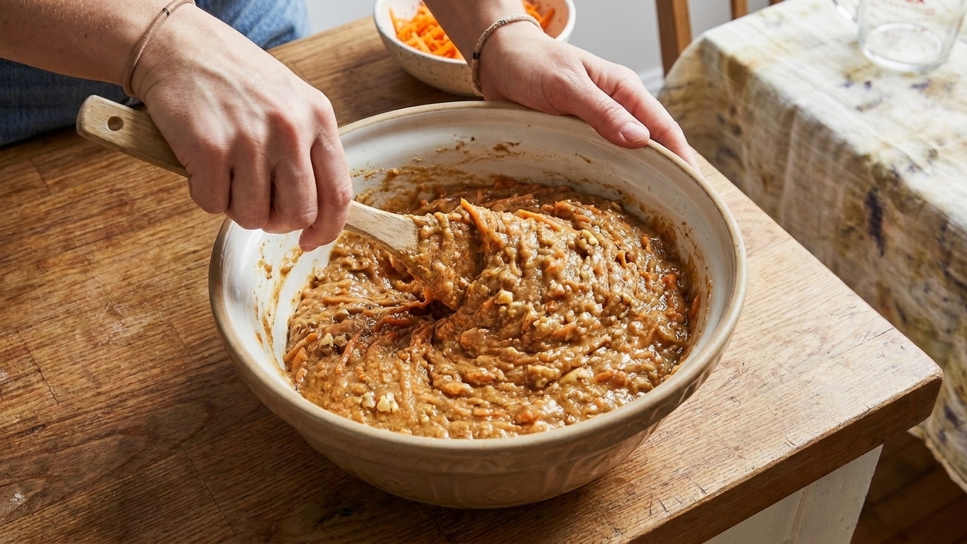 Hands stirring gluten free carrot cake batter in a large mixing bowl with a spatula, shredded carrots visible throughout