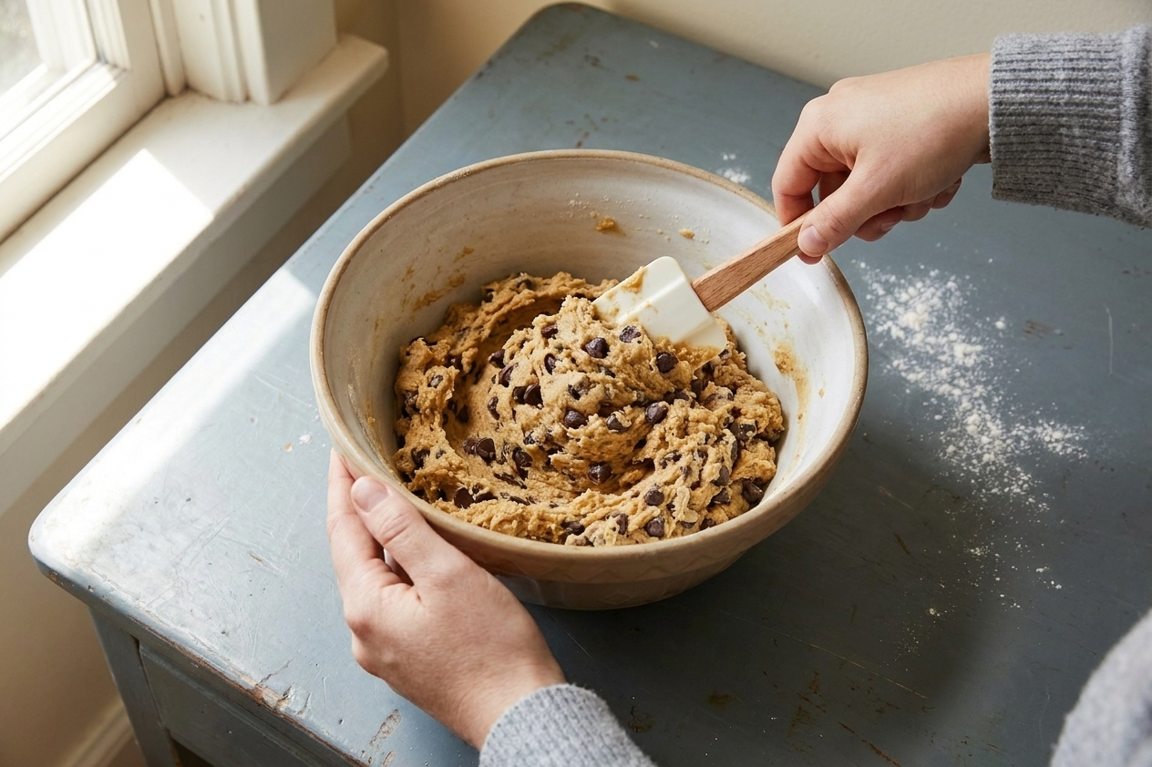 Hands stirring gluten free chocolate chip cookie dough with a rubber spatula in a large mixing bowl on a bright kitchen counter