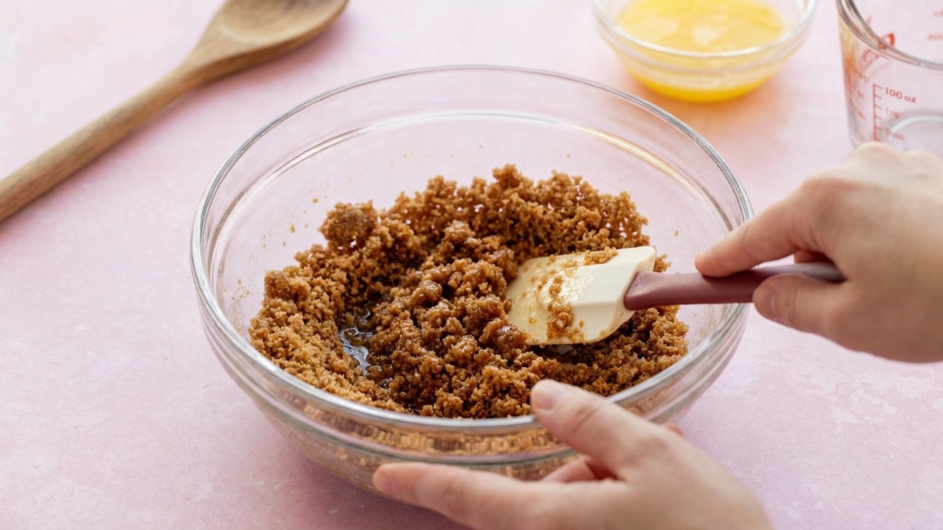 Hands stirring graham cracker crumbs with melted butter in a mixing bowl until evenly moistened