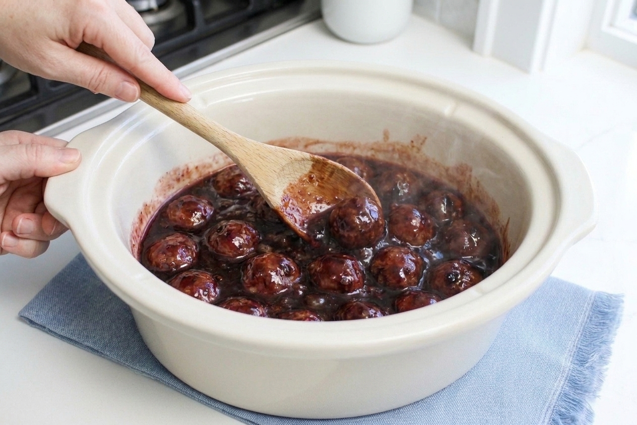 Hands stirring grape jelly meatballs in a slow cooker with a wooden spoon on a home kitchen counter