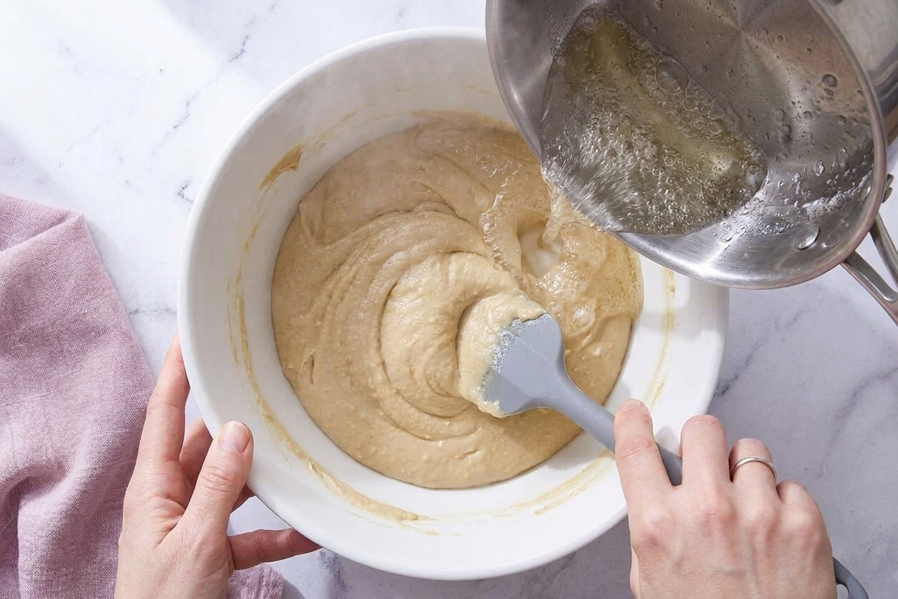 Hands stirring hot sugar syrup into tahini in a mixing bowl as the mixture thickens into a pale, dense halva base