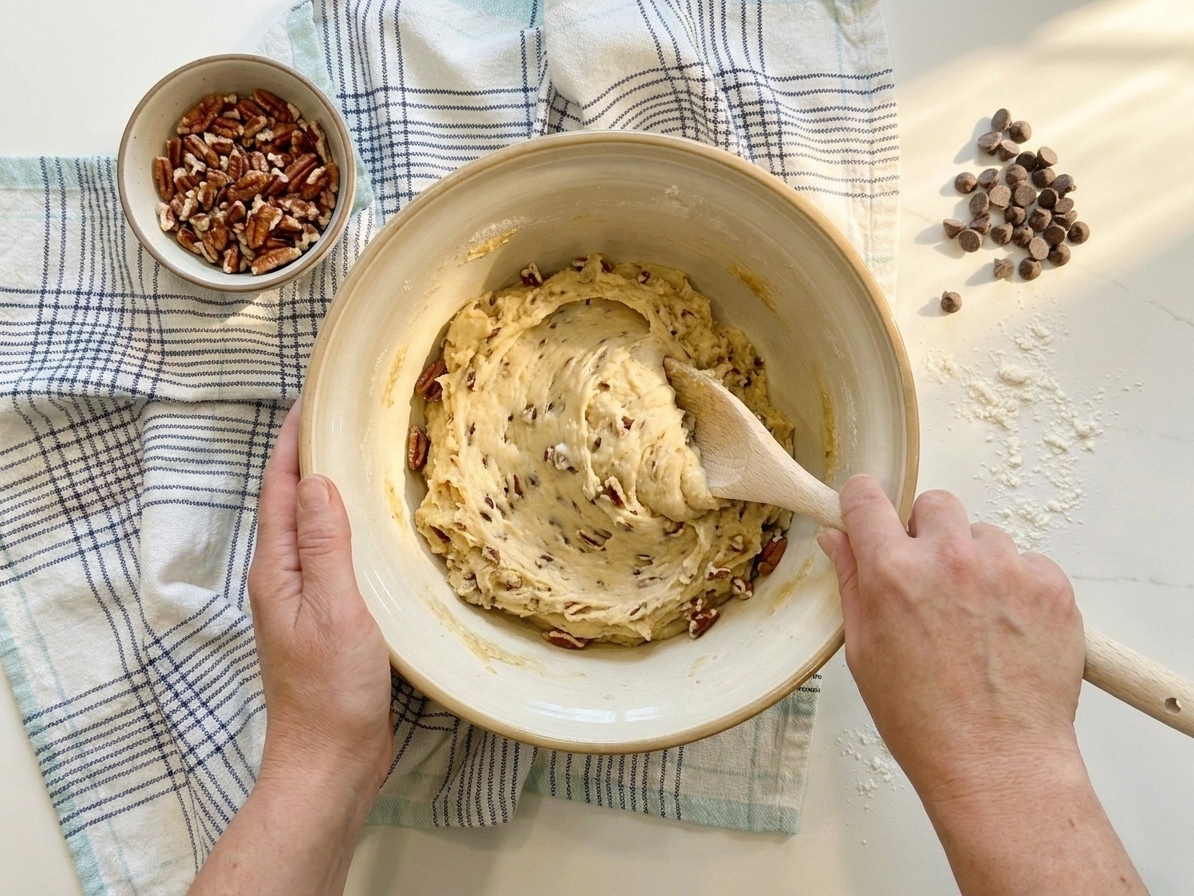Hands stirring pale cookie dough in a ceramic mixing bowl with a rubber spatula on a kitchen counter under warm natural light