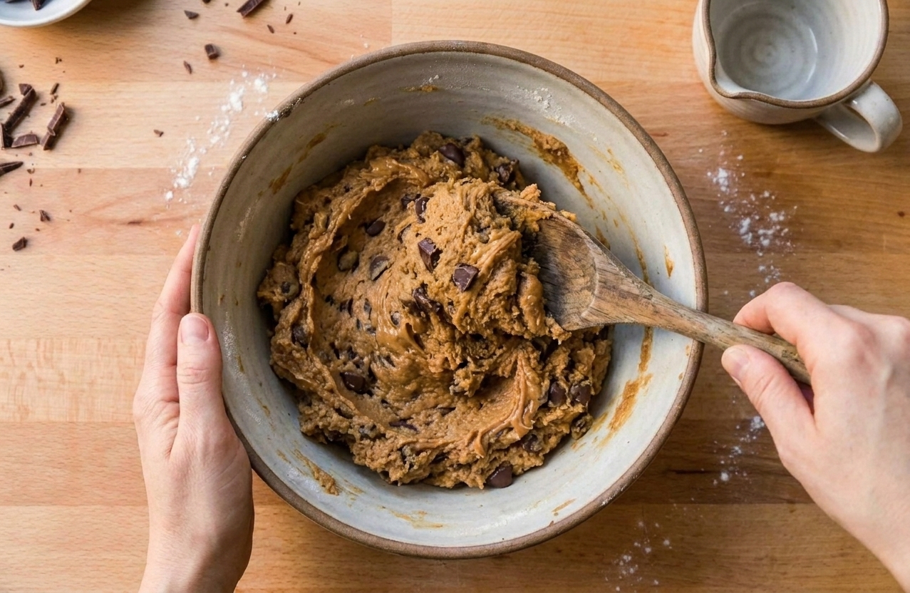Hands stirring peanut butter cookie dough in a large mixing bowl with a wooden spoon on a kitchen counter