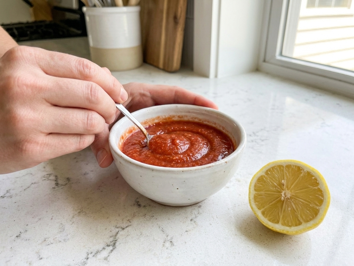 Hands stirring red shrimp cocktail sauce in a small ceramic bowl on a kitchen counter with a lemon half nearby